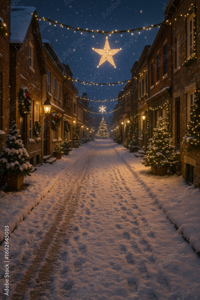 Fototapeta premium Charming snowy street decorated for christmas with bright lights