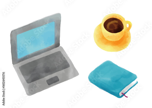 ノートpcとコーヒーと手帳の水彩風ベクター素材