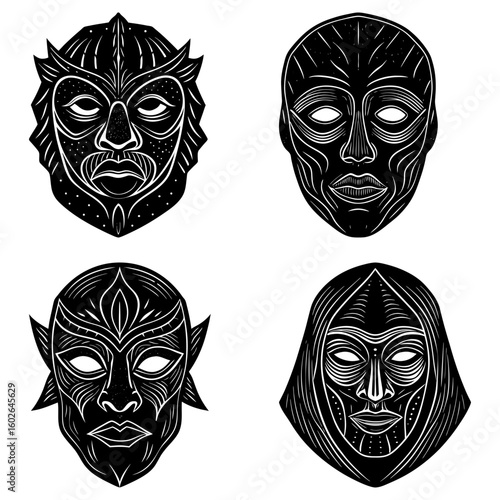 Illustration of four tribal masks with intricate designs in black and white drawing style art work