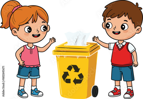 Cartoon boy and girl throwing paper in yellow recycle bin, promoting environmental awareness and clean habits in children, white background