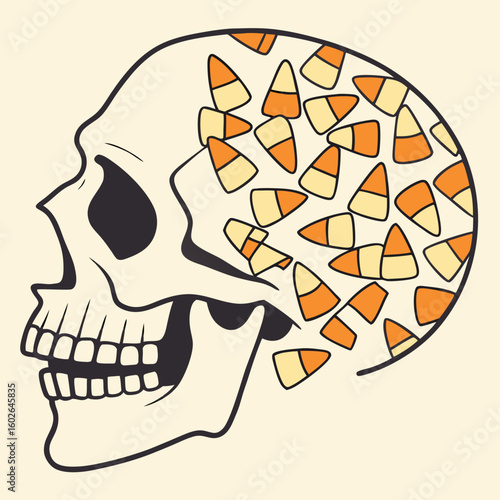 Skull filled with candy corn pieces on a dark background for halloween themed design and decoration