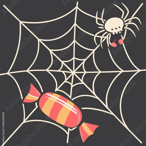 A cartoon spider and two pieces of candy caught in a white spiderweb on a dark gray background scene