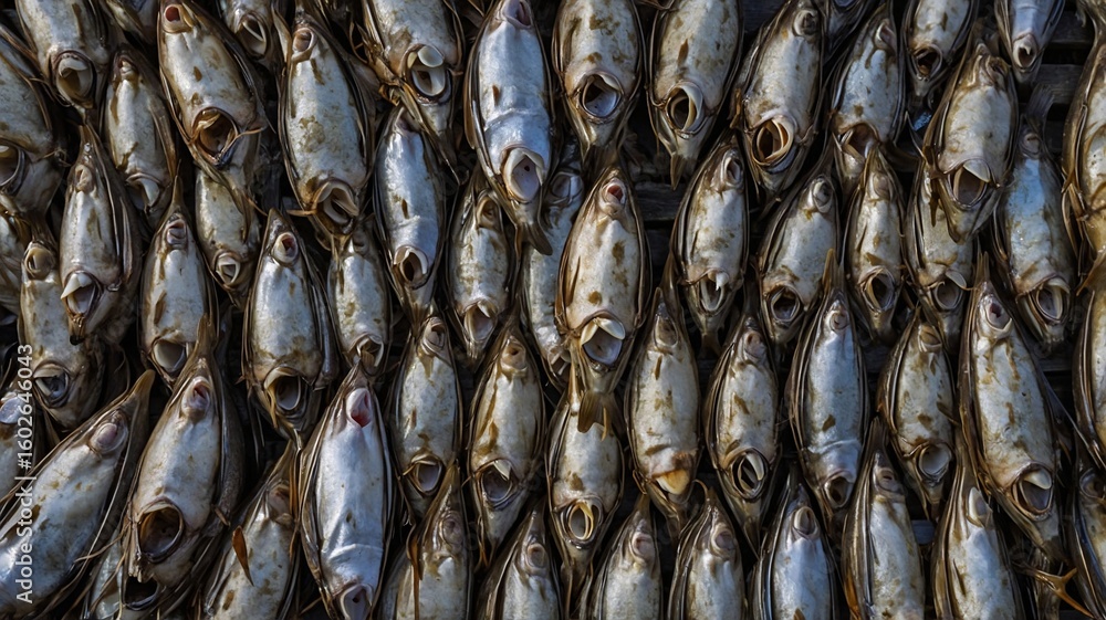 Obraz premium Dried fish laid out in neat rows, showcasing an array of silver hues and intricate textures.