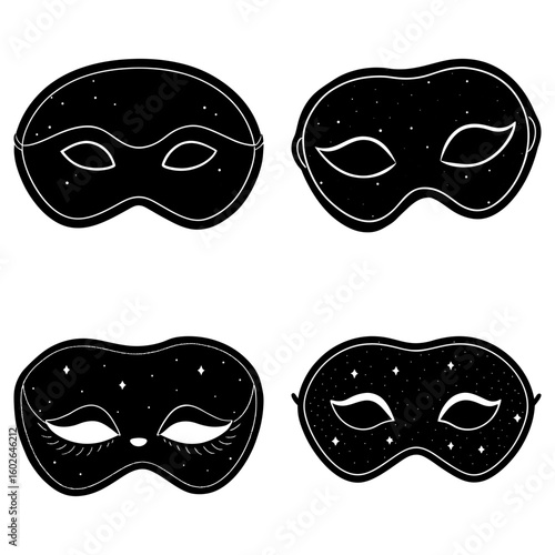 Illustration of four black masquerade masks with starry patterns in a simple vector style design