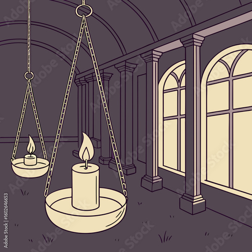 Illustration of a church interior with arched windows columns benches and glowing candles in the foreground