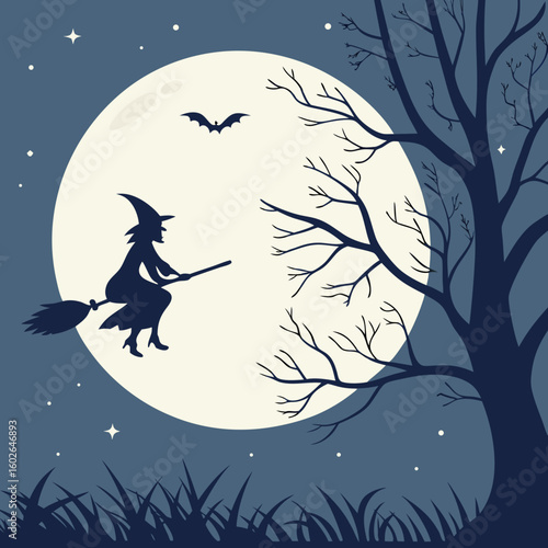 Silhouette of a witch flying on a broomstick in front of a full moon surrounded by stars at night