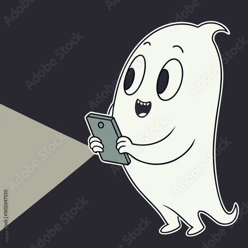 A cartoon ghost walking and looking at a phone with light emanating from the phone screen and dark background