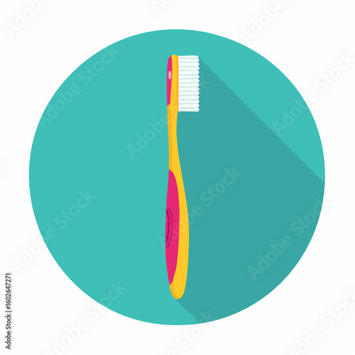 A colorful toothbrush. against a teal circle background.