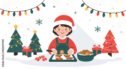 A girl in a Santa hat decorates Christmas cookies on a baking sheet, surrounded by festive Christmas decorations.