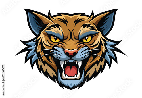 Intense Bobcat Mascot Graphic Illustration with Yellow Eyes and Sharp Teeth Detailed Vector Image for Sports Teams and Design Projects