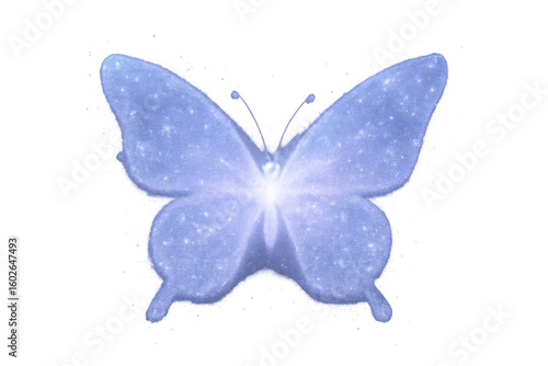 Iridescent blue butterfly gleaming, translucent wings shimmering against transparent backdrop, embodying delicate fantasy aesthetic