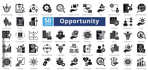 Opportunity icon set contains 50 icons including, consumer behavior, finance, swot analysis, product lifecycle, break even point, simple vector glyph style