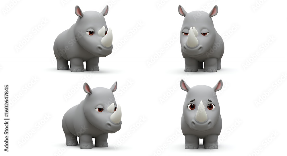 Naklejka premium Four cartoon rhino figures against white background
