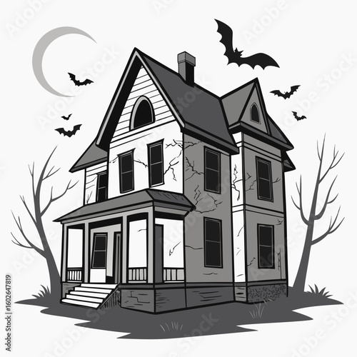 A spooky haunted house with bats flying around it and a dead tree next to it on a grey background circle