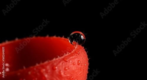 A macro shot of a water droplet on a red flower petal against a dark black background in studio lighting
