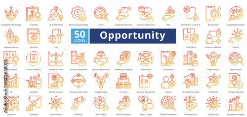 Opportunity icon set contains 50 icons including, globalization, ecommerce, venture, angel investor, target market, roi, upselling, market research, simple vector line gradient style