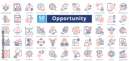 Opportunity icon set contains 50 icons including, consumer behavior, finance, swot analysis, product lifecycle, business investment, business partnership, simple vector dual tone style