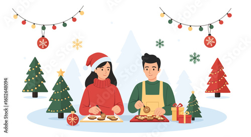 Couple preparing Christmas cookies in a festive kitchen setting.