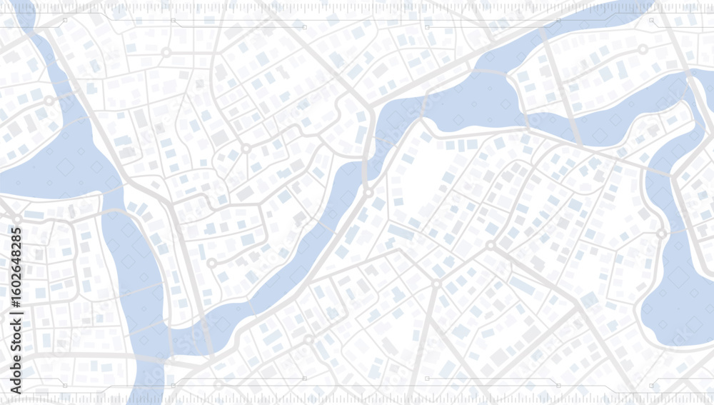 Obraz premium Abstract city map blends delicate urban grids with topographic lines and river. Minimalist style and layered effect. Vector illustration background