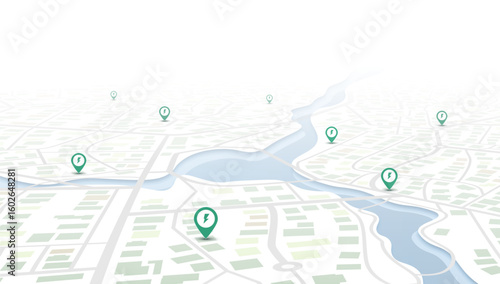 Electric vehicle charging map concept. Urban navigation with charging station locations. City blocks with green location pins. Eco-friendly infrastructure planning concept. Vector illustration
