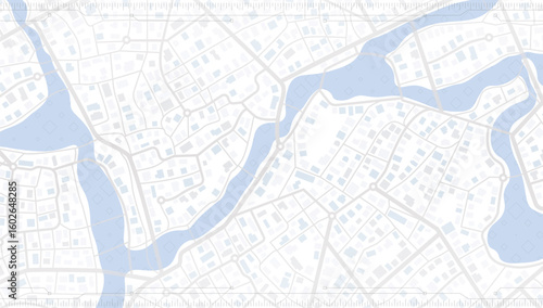 Abstract city map blends delicate urban grids with topographic lines and river. Minimalist style and layered effect. Vector illustration background