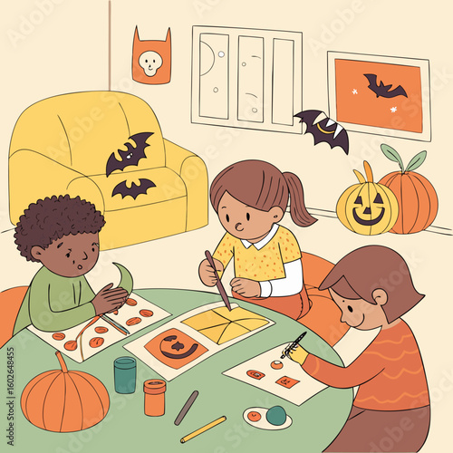 Children drawing halloween themed pictures of bats spiders and pumpkins on a yellow table together happily