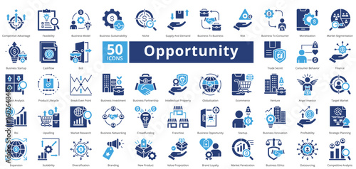 Opportunity icon set contains 50 icons including, competitive advantage, feasibility, business model, business sustainability, niche, supply and demand, simple vector two color style