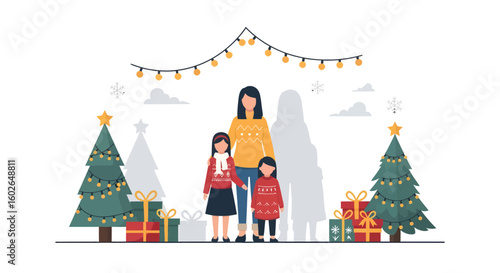 A mother and two daughters stand together, celebrating Christmas with gifts and decorations.