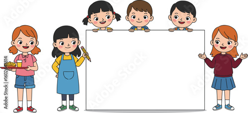 Cartoon children group standing with blank board, smiling students with food and pencil, school banner design for education concept