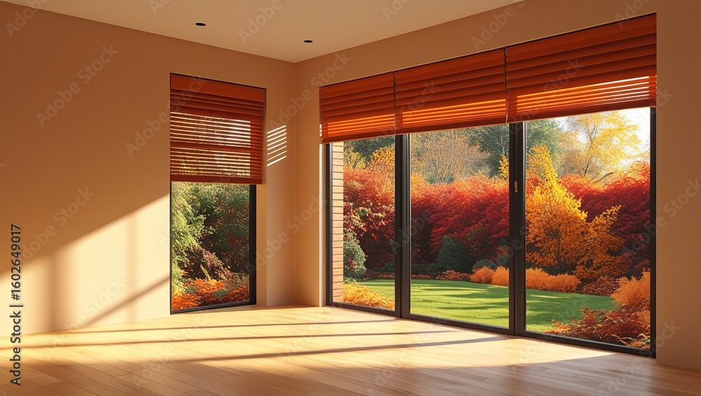 Obraz premium Tranquil Home Space with Hardwood Floors and Large Openings Offering a Panoramic View of Brilliant Fall Trees