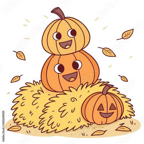 A stack of three halloween pumpkins with carved faces sitting on a bed of straw or hay bales isolated