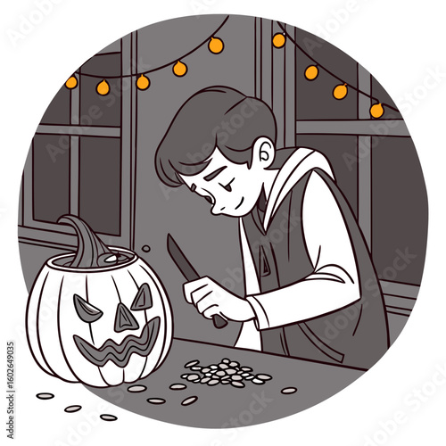 A boy carving a jack o lantern pumpkin with a knife on a table in front of a window and a lamp inside