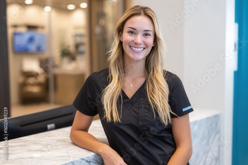 Smiling female receptionist in uniform at modern office front desk.