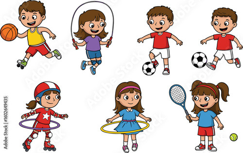 Cartoon children playing various sports, fun physical activities, fitness, teamwork, and exercise concept for kids, colorful vector illustration
