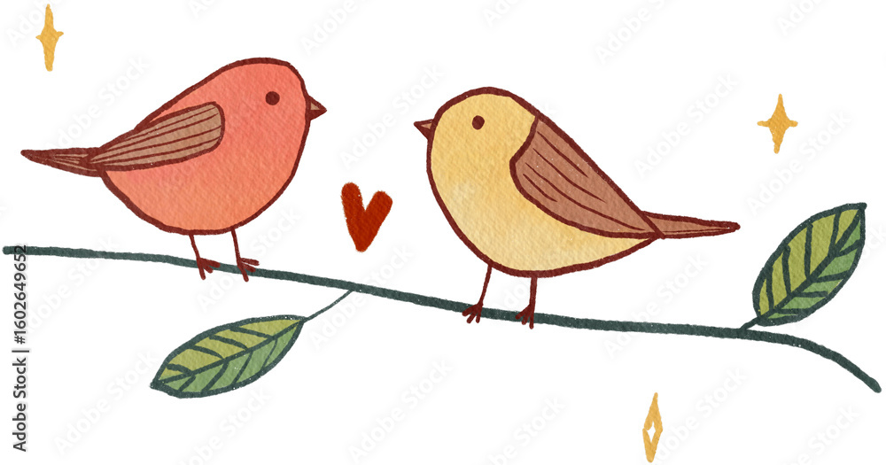 Fototapeta premium Watercolor illustration, PNG, cute birds on a branch