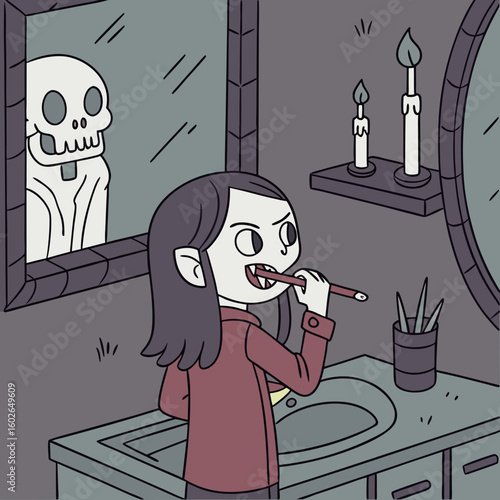 A cartoon vampire girl with long dark hair brushing her teeth in a dimly lit bathroom with candles and mirror
