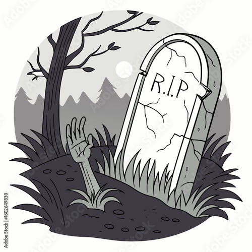 A zombie hand emerging from a cracked tombstone in a graveyard with a bare tree and grass around it