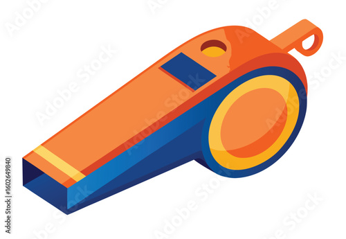Vibrant Orange and Blue Whistle Isometric Vector Illustration for Sports and Safety Equipment Promotion or Graphic Design Projects