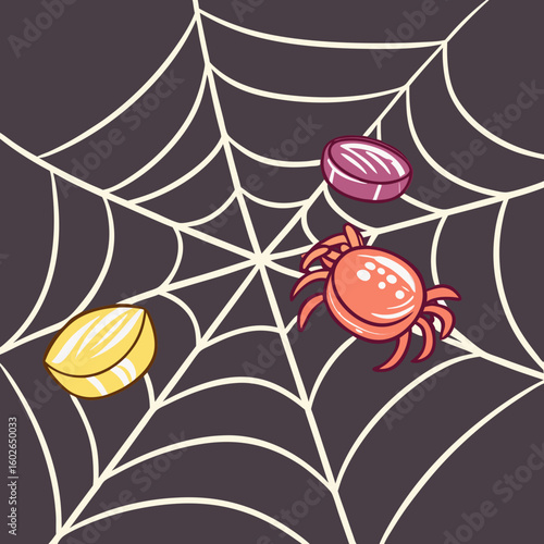 A cartoon spider and two pieces of candy caught in a white spiderweb on a dark gray background scene