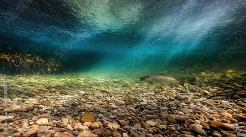 Underwater scene of trout swimming in a clear river with natural light creating a serene aquatic atmosphere.