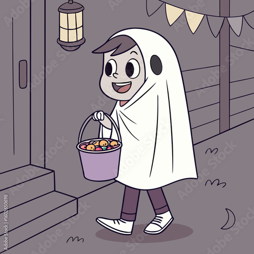 A boy in a ghost costume carrying a bucket full of candy while trick or treating at night outdoors