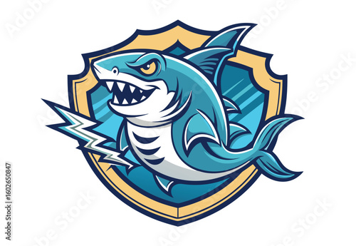 Aggressive shark mascot logo for sports team branding and esports apparel design with menacing expression and lightning bolt symbol