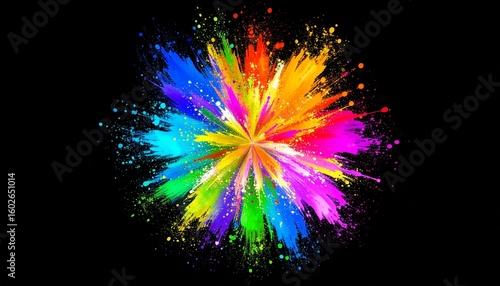Colorful Explosion of Paint Splatters on Black Background