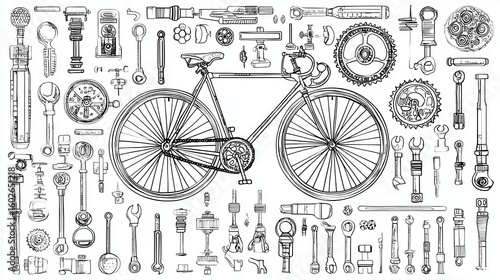 Detailed illustration of bicycle components and tools.