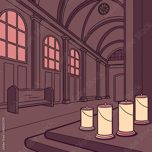 Illustration of a church interior with arched windows columns benches and glowing candles in the foreground