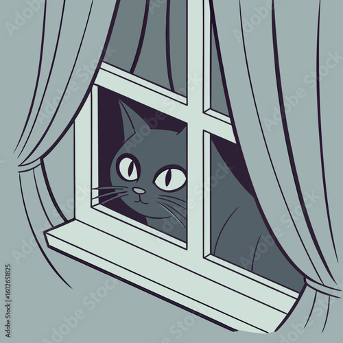 A cartoon cat with large eyes peers through a window framed by curtains in a monochromatic color scheme