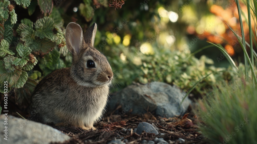 Fototapeta premium A Curious Rabbit Nestled Among Lush Greenery and Colorful Plants in a Serene Garden Setting, Showcasing Nature's Beauty and Wildlife