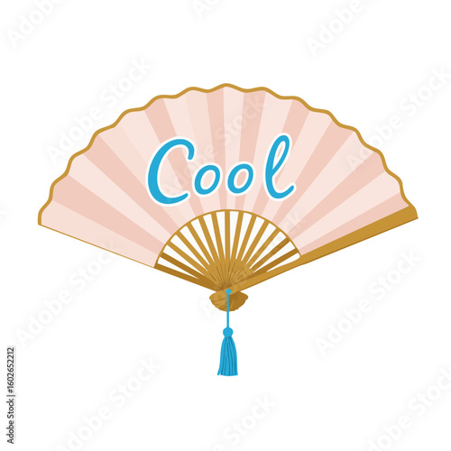 Elegant Folding Fan with Blue Tassel and ‘Cool’ Label Flat Icon