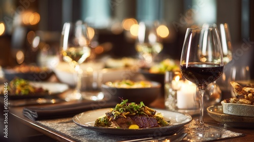 An Elegant Dining Experience Showcasing Gourmet Cuisine with Exquisite Presentation, Fine Wines, and Cozy Ambiance Perfect for Special Occasions