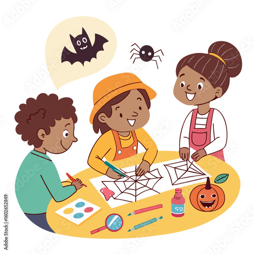Children drawing halloween themed pictures of bats spiders and pumpkins on a yellow table together happily